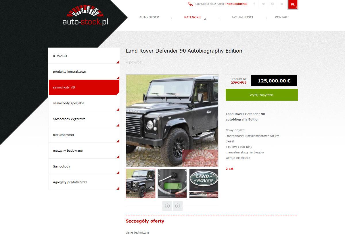 Auto Stock strona z ofertą firmy Budowa portalu z ofertami dla branży motoryzacyjnej